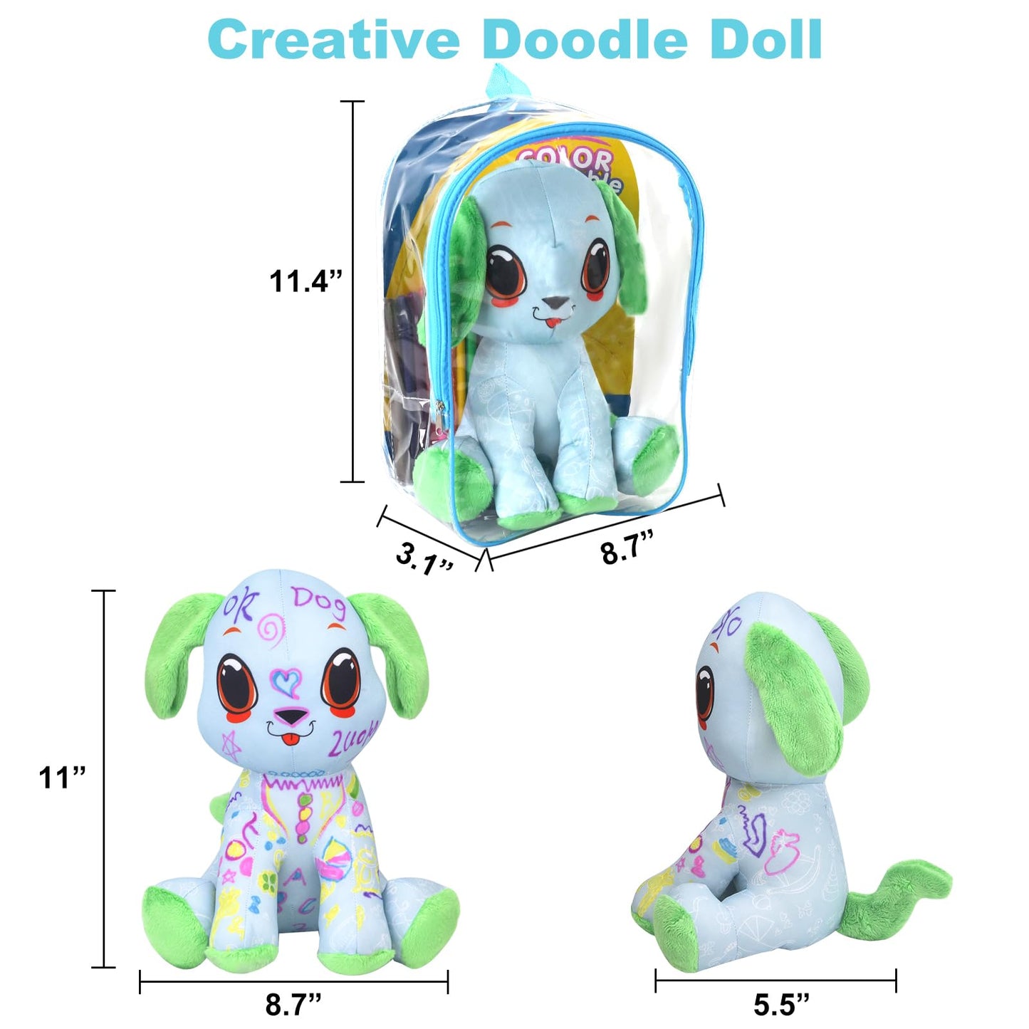 DIY Coloring Plush Toy with Washable Markers, Scribble Pets Stuffed Animal, Doodle Dolls Art Toy for Boys and Girls Ages 3-8, Birthday Gift (Green Puppy)