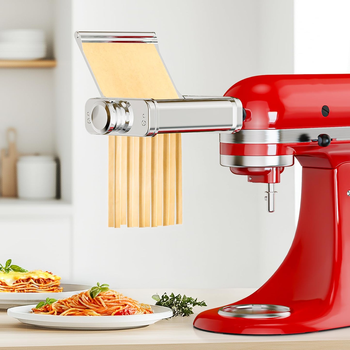 3 in 1 Pasta Attachment for KitchenAid Stand Mixer - Professional Stainless Steel Pasta Maker includes Roller, Spaghetti & Fettuccine Cutters, With Removable Baffle and Cleaning Brush by HOZODO