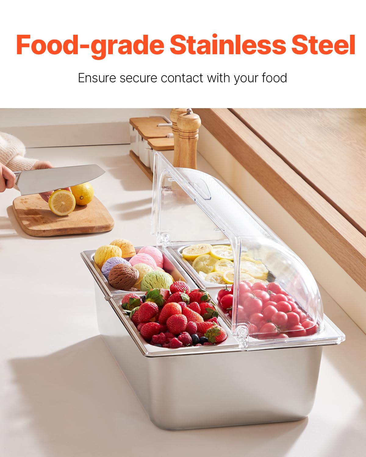 VEVOR Countertop Food Serving Display Container, 4 Pan Stainless Steel Food Serving Tray, Buffet Condiment Dispenser Display Rack with Clear Lid & 3 Freezer Boxes, for Restaurant Hotel Kitchen Party