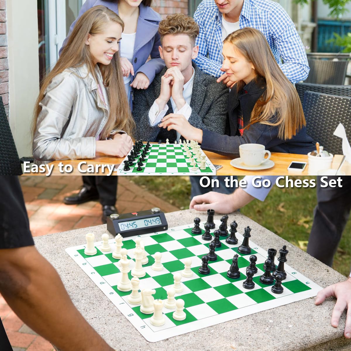 Travel Chess Set 20'' Silicone Chess Board-3.75'' King Height Plastic Piece, Extra Queens & Storage Bag, 2 in 1 Portable Chess & Checker Board Games for Teens and Adults