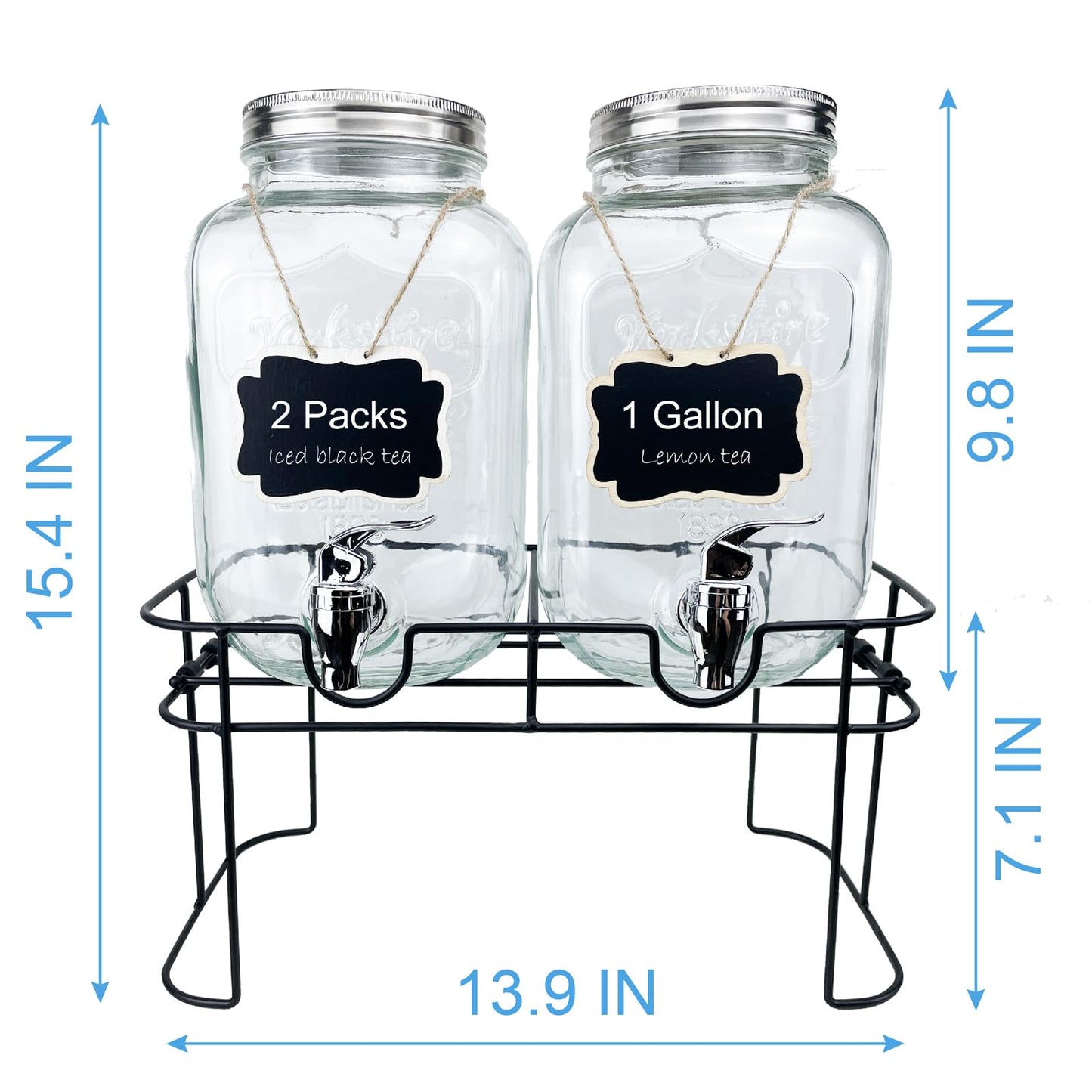 1 Gallon Glass Drink Dispenser for Parties, 2 Packs Juice Lemonade Ice Tea Water Dispenser with Stand, HENABLE Beverage Dispensers with Spigot for BBQ, Picnic, Party
