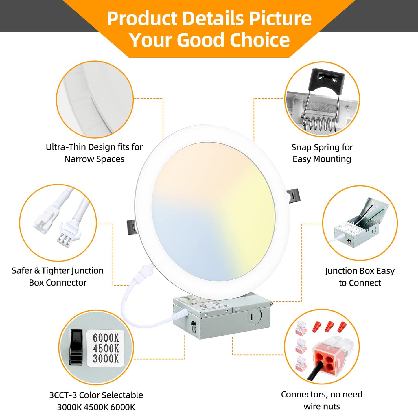 6 Pack 8 Inch LED Recessed Lighting with Junction Box Ultra-Thin, 3000K/4500K/6000K Selectable, 8" Dimmable Canless LED Downlight, 1800LM CRI80 High Brightness 5%-100% Recessed Light…