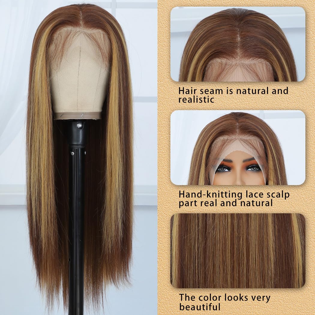 Koreyo Highlight Lace Front Wig Pre Plucked 13x4 HD Glueless Honey Blonde Lace Front Wig for Women Natural Looking Synthetic Heat Resistant Fiber Lace Wig (26 Inch)