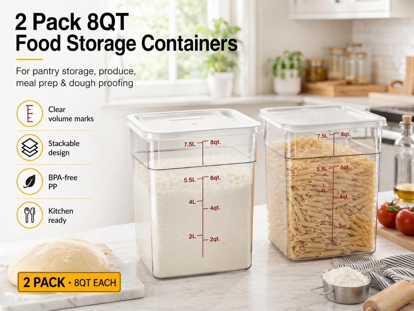 2 Pack 8Qt Clear Food Storage Containers with Lids – BPA-Free Stackable Kitchen Organizer for Pantry, Fruits, Vegetables, Meal Prep & Dough Proofing