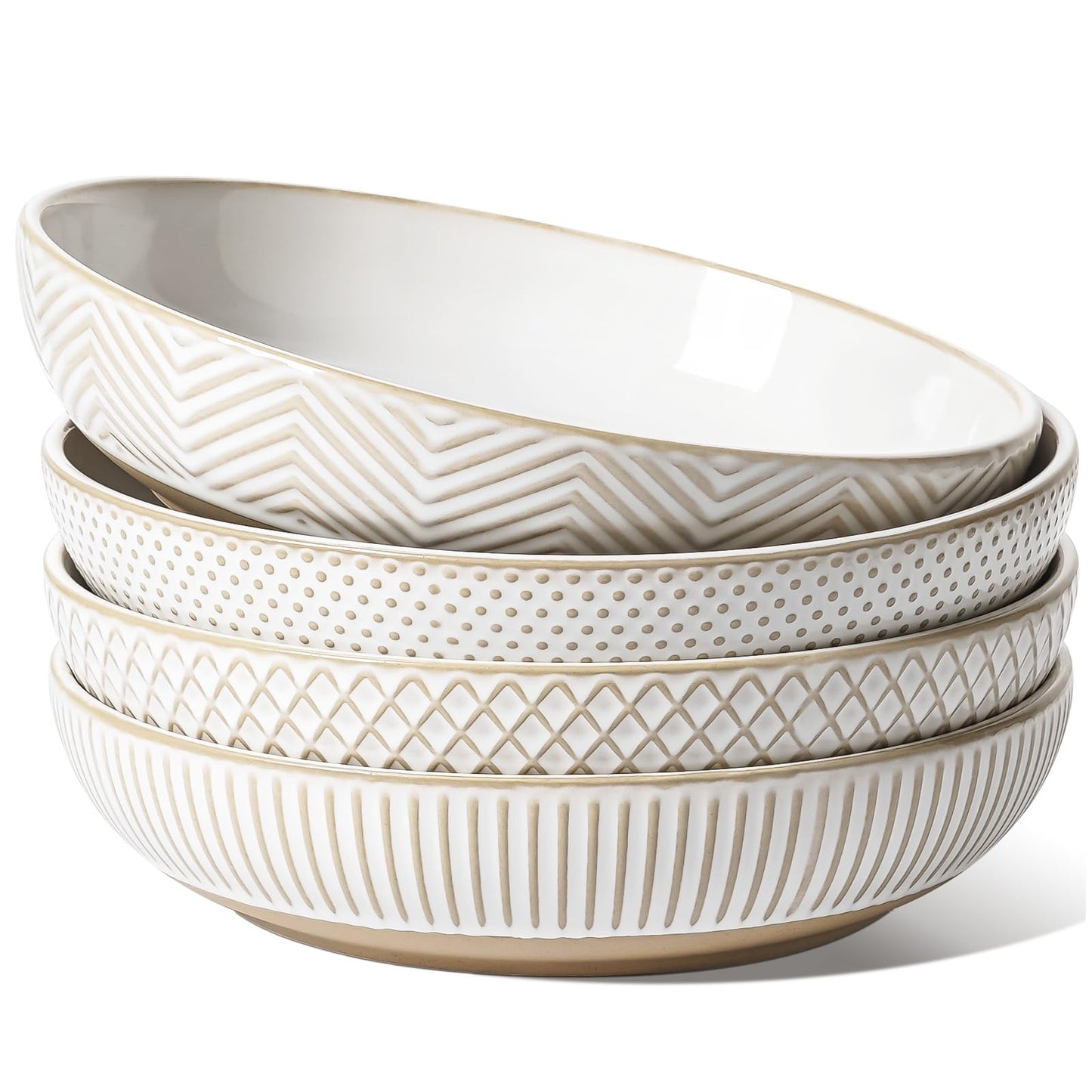 LE TAUCI Pasta Bowls 46oz, Large Salad Bowl, Ceramic Serving Plate, House-warming Wedding Present, Embossment Stoneware Bowl for Fruits, Noodle, Dinner - 9 Inch, Set of 4, Arctic White