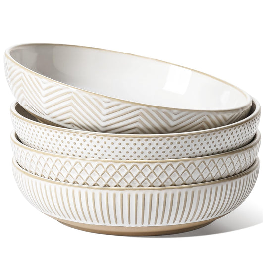 LE TAUCI Pasta Bowls 46oz, Large Salad Bowl, Ceramic Serving Plate, House-warming Wedding Present, Embossment Stoneware Bowl for Fruits, Noodle, Dinner - 9 Inch, Set of 4, Arctic White