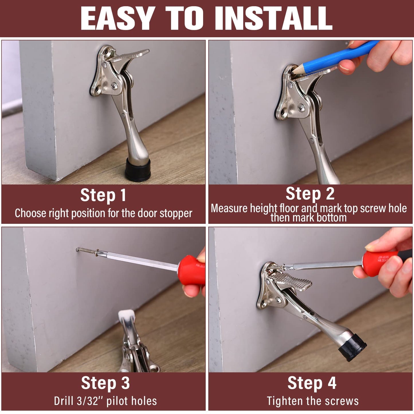 12 Pieces Heavy Duty Door Stoppers 5.35 Inches Kickdown Adjustable Kick Down Door Stop for Bottom Easy Pedal with Rubber Tips Commercial