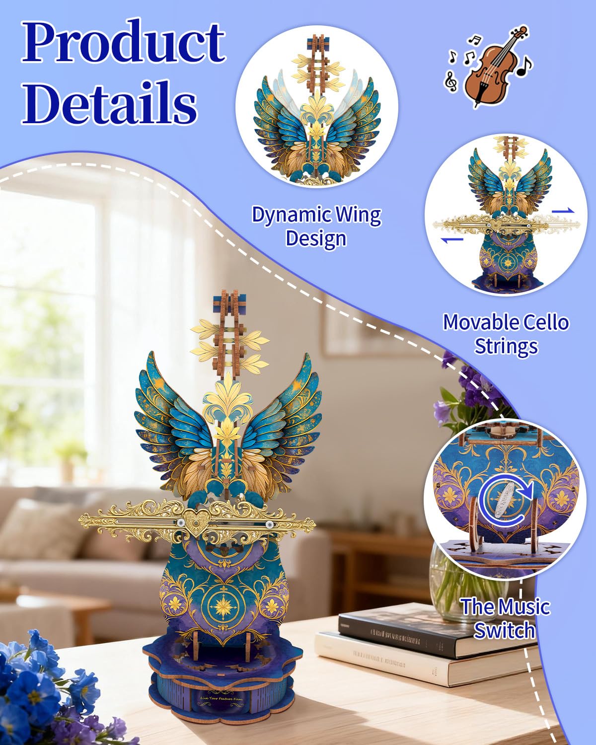 Rnfinewow 3D Puzzles for Adults, Mechanical Wooden Cello Music Box Puzzles, DIY Blue Feather Cello Music Box Crafts Model Kits for Home Decor Holiday Birthday Gifts