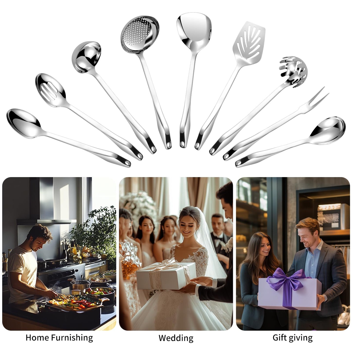 304 Stainless Steel Kitchen Utensil Set - 9pcs Cooking Utensils, Metal Kitchen Utensil Spatula Sets Cookware,High temperature resistance Kitchen Tool Set for Hanging Dishwasher Safe（Silver）