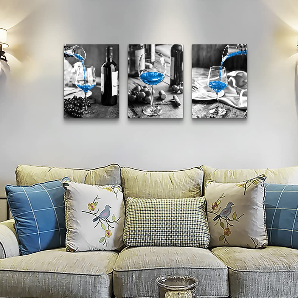 Canvas Wall Art For Kitchen Wall Decor For Dining Room Black And White Wine Glasses Painting Modern Blue Wine Canvas Art Prints Ready To Hang Pictures For Restaurant Home Decorations 16"X24" 3 Pieces