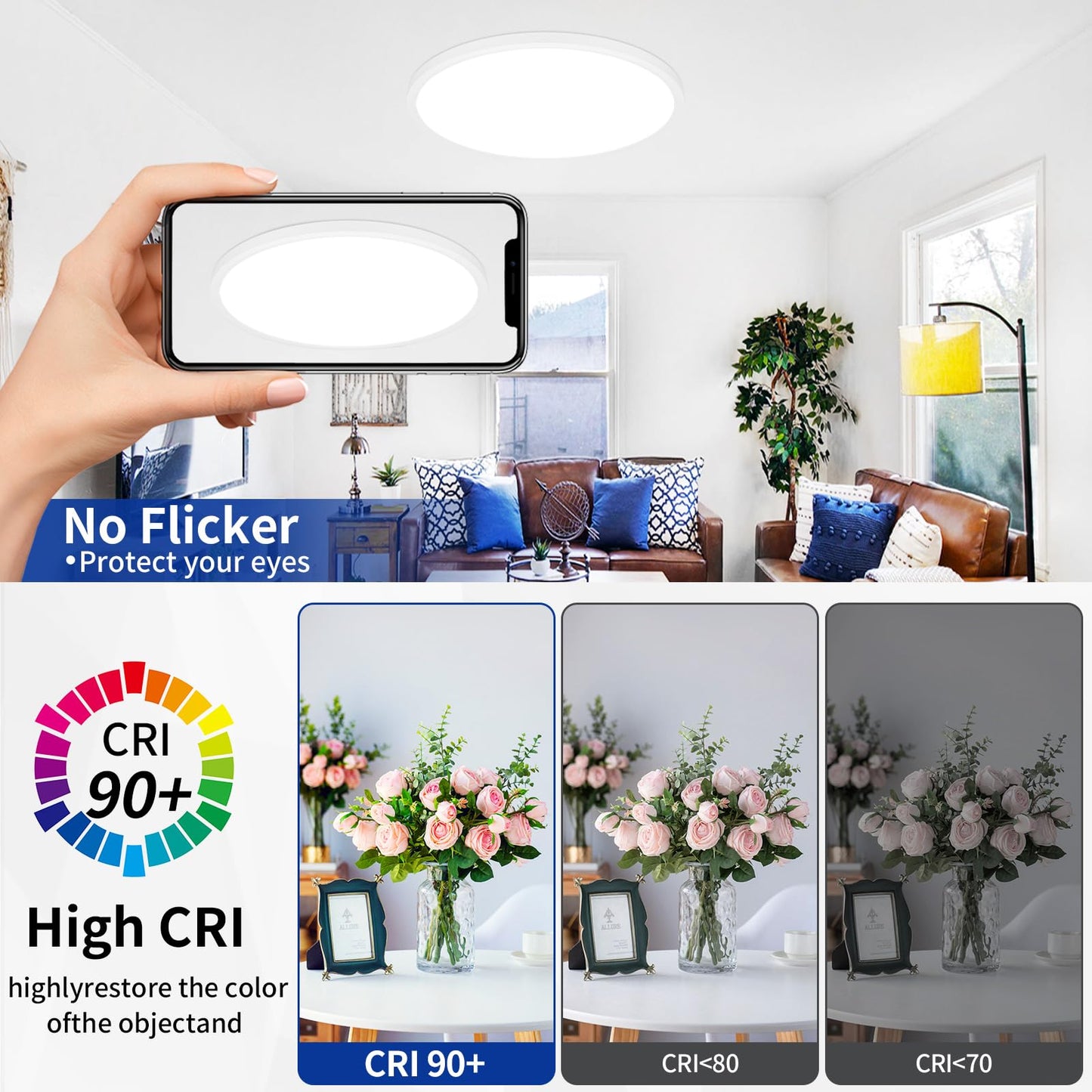 Glowall Modern 20'' Led Ceiling Light Fixture, Ultra Thin Flush Mount, Dimmable with Remote Control, 48W 4800Lumen, White, for Bedroom, Living Room, Kitchen, Dining Room, Home Office