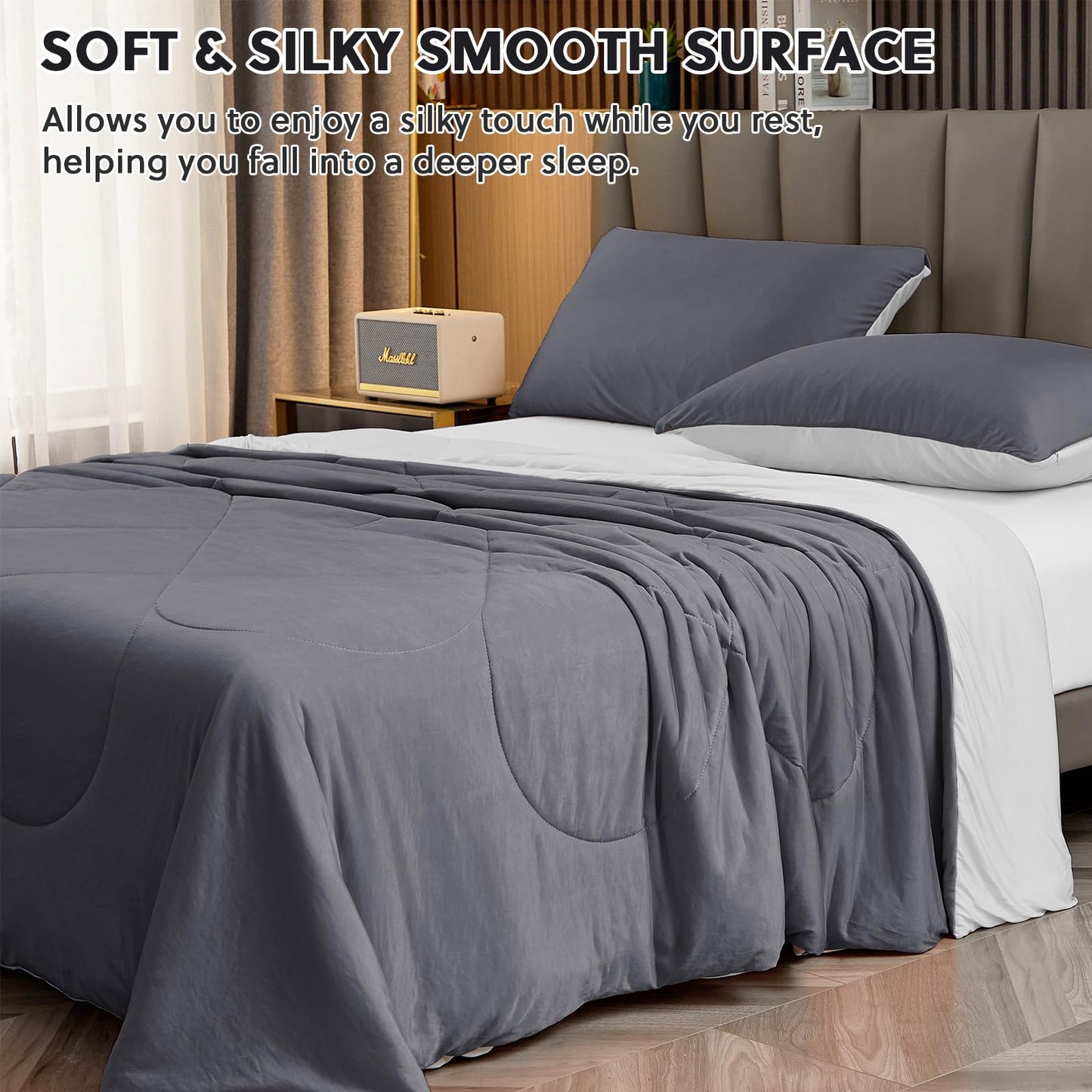 HOMFINE Cooling Comforter King Size, Grey Summer Cooling Blanket for Hot Sleepers and Night Sweats, Japanese Double-Sided Cold Tech Fabric Q-Max 0.45, Soft Breathable Silky Smooth Lightweight