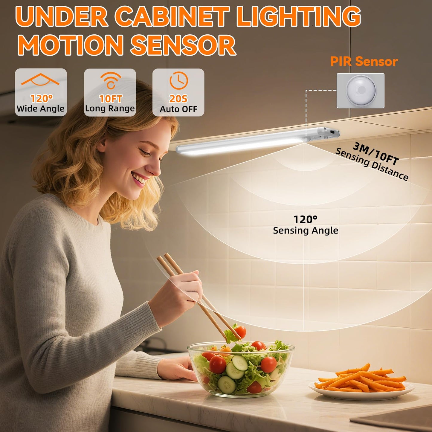 Under Cabinet Lighting Wireless, 15inch Rechargeable Motion Sensor Light Indoor, 3 Color Closet Light Battery Operated with LED Power Display, Magnetic Under Counter Lights for Kitchen, Home (3Pack)