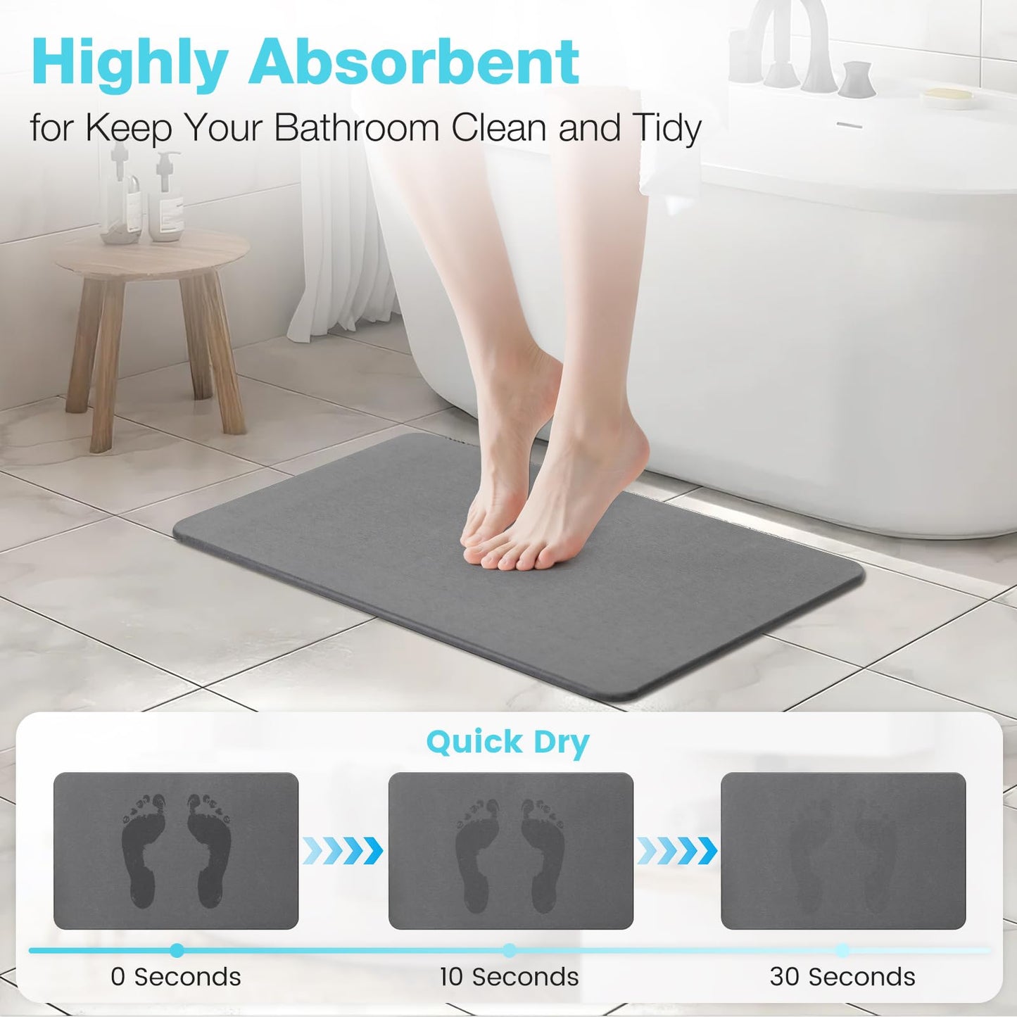 Greenturf Large Diatomite Stone Bath Mat, Premium Non-Slip Natural Diatomaceous Earth Bathtub Fast Drying Mats for Bathroom Floor (30" x 17" Dark Grey)
