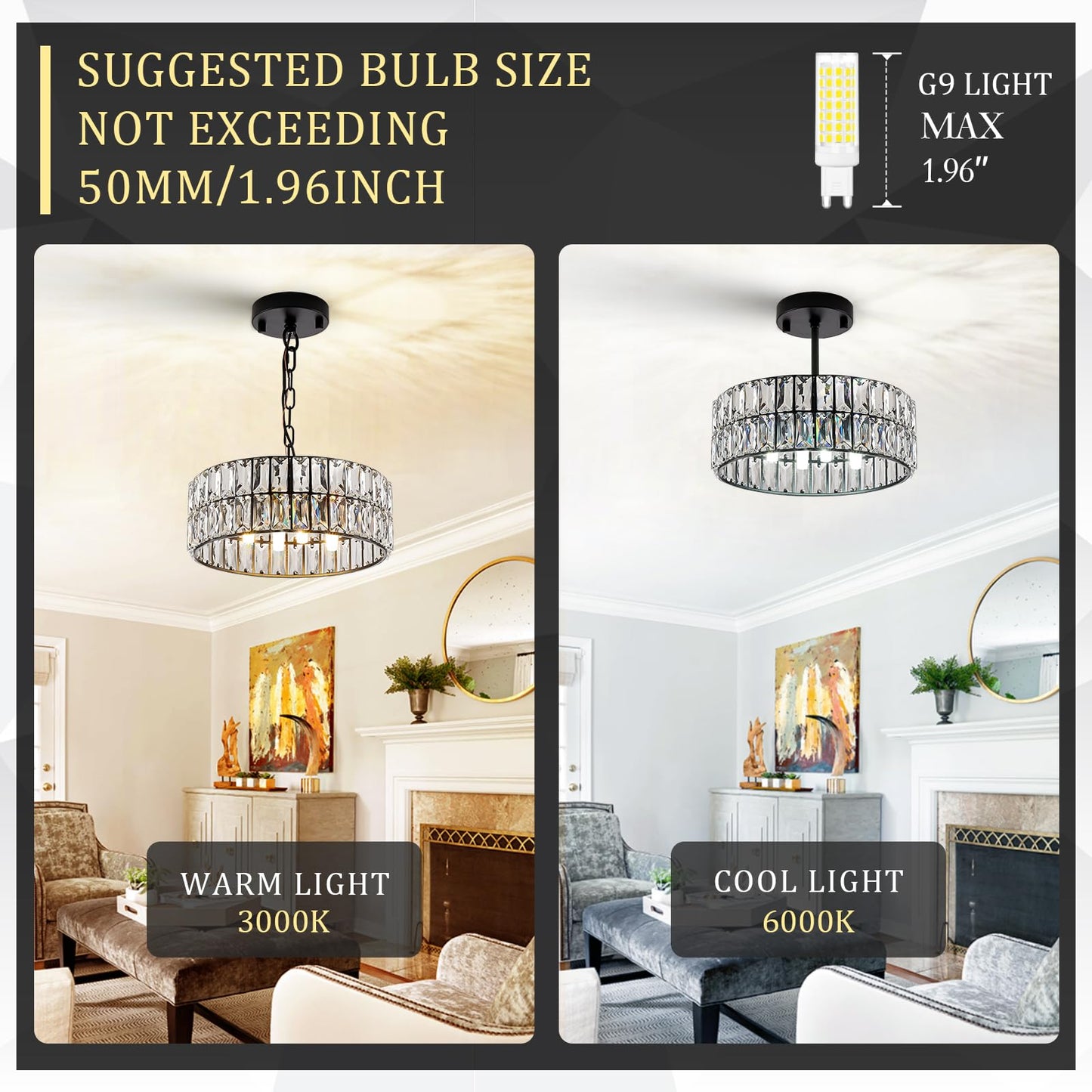 Crystal Pendant Light 4-Light Modern Black Chandelier Small 12” Crystal Semi Flush Mount Ceiling Light Round for Kitchen Island Foyer Hallway