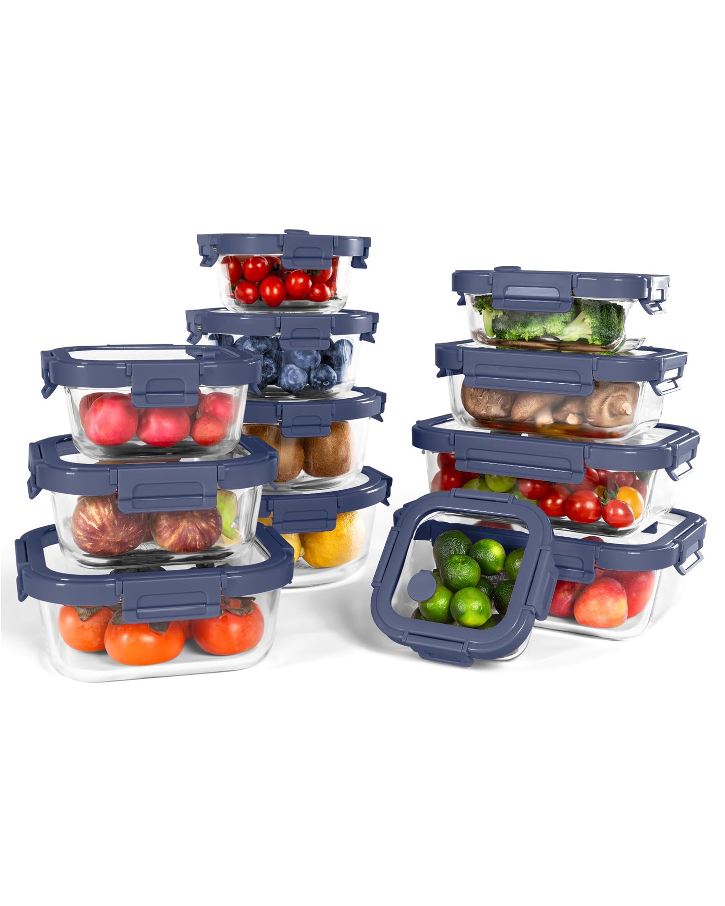 BOROHOUSE 12-Pack Glass Containers with Tempered Lids – Borosilicate, Oven-Safe(-4°F~950°F), Airtight, BPA-Free, Multi-Size for Meal Prep, Dishwasher Safe (Blue)