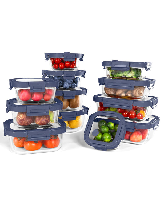 BOROHOUSE 12-Pack Glass Containers with Tempered Lids – Borosilicate, Oven-Safe(-4°F~950°F), Airtight, BPA-Free, Multi-Size for Meal Prep, Dishwasher Safe (Blue)