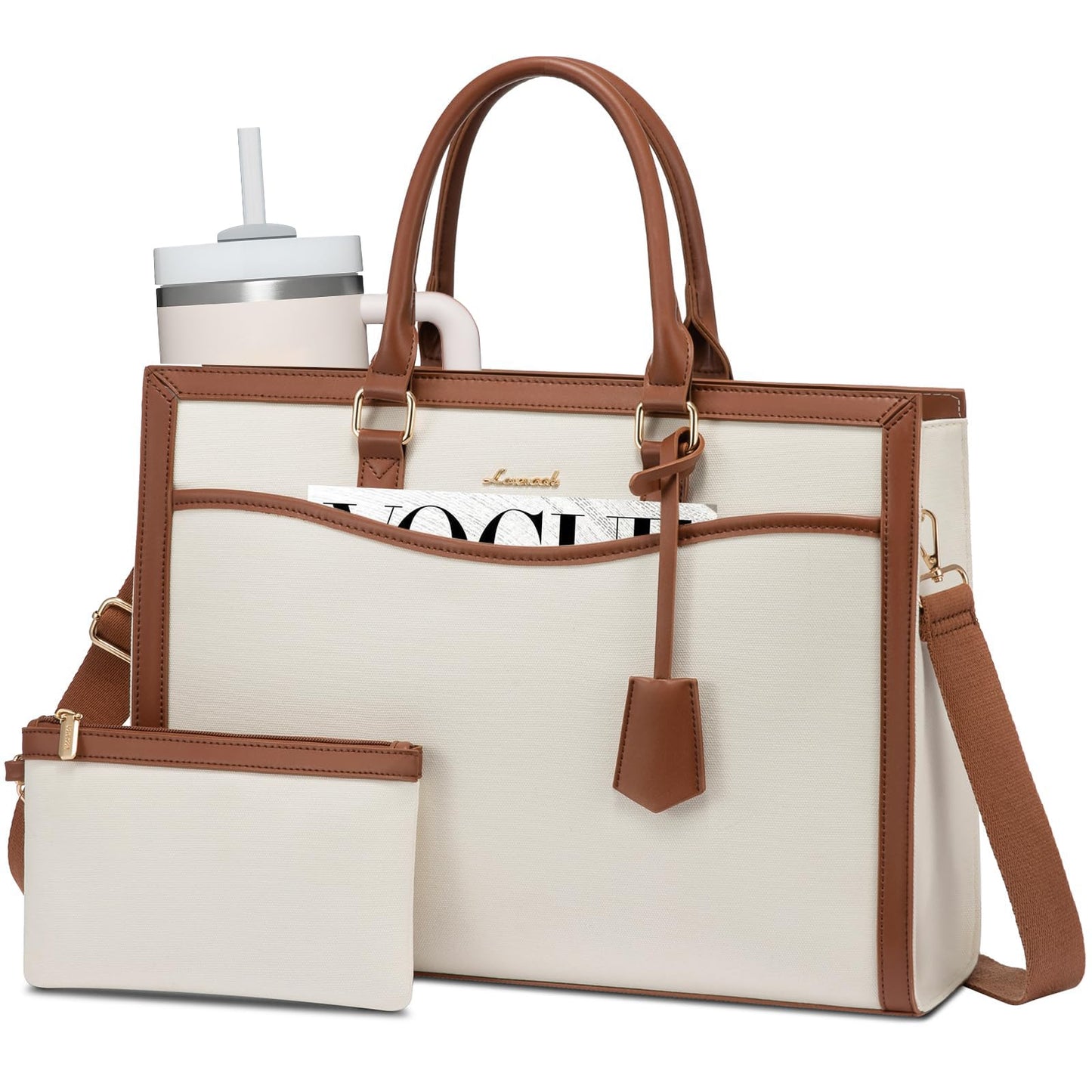 LOVEVOOK Laptop Tote Bag for Women, 15.6 inch Lightweight Canvas Office Work Bag Briefcase, Large Capacity Teacher Computer Bag Handbag for Travel Business,2pcs Set Canvas/Beige-Brown