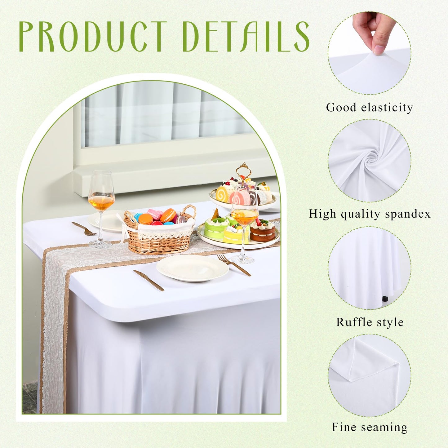 Newwiee 3 Pcs Spandex Table Skirt for 6ft Rectangle Tables 6 Foot Folding Tables Tablecloth Wrinkle Resistant Ruffles Elastic Table Cover and Table Skirt for Banquets, Weddings, Parties (White)
