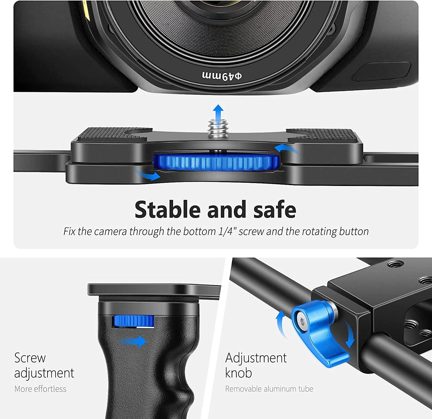 NEEWER Camera Video Cage Film Movie Making Kit, Aluminum Alloy with Top Handle, Dual Hand Grip, Two 15mm Rods, Compatible with Canon Sony Fujifilm Nikon DSLR Camera and Camcorder (Black + Blue)