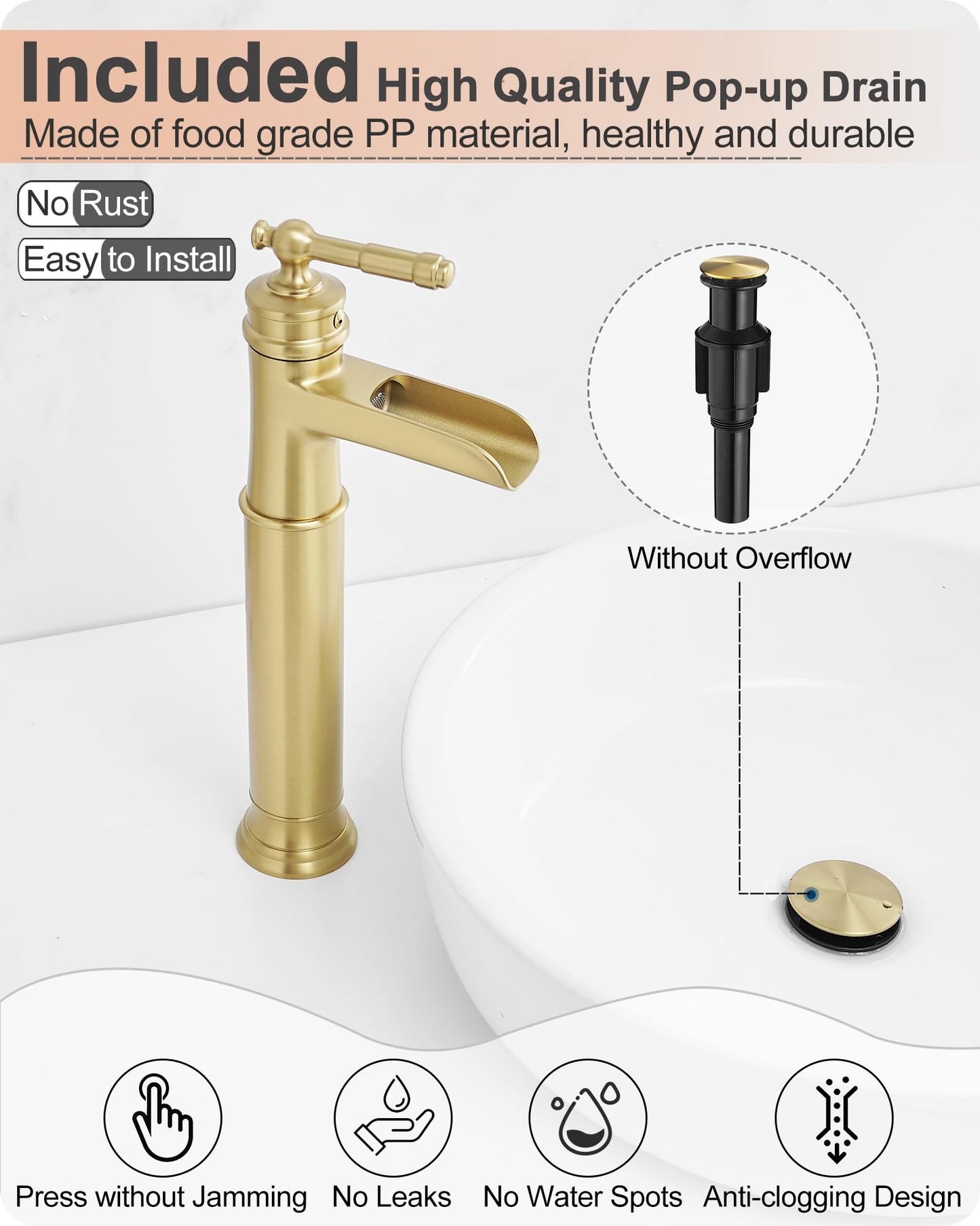 HOIGY Gold Vessel Sink Faucet, Brass Waterfall Tall Faucet for Bathroom Sink 1 Hole with Single Handle, Pop-up Drain & cUPC Water Hoses for Antique Bowl Basin Save Water