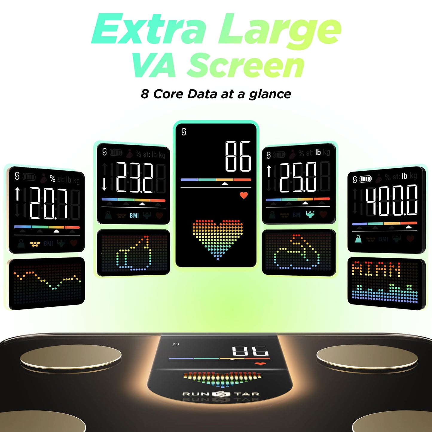 RunStar Scale for Body Weight, Smart Scale with 8-in-1 VA Display, High Precision Bathroom Digital Scale for Body Weight Heart Rate BMI Body Fat 22 Body Composition Sync APP, FSA&HSA Eligible
