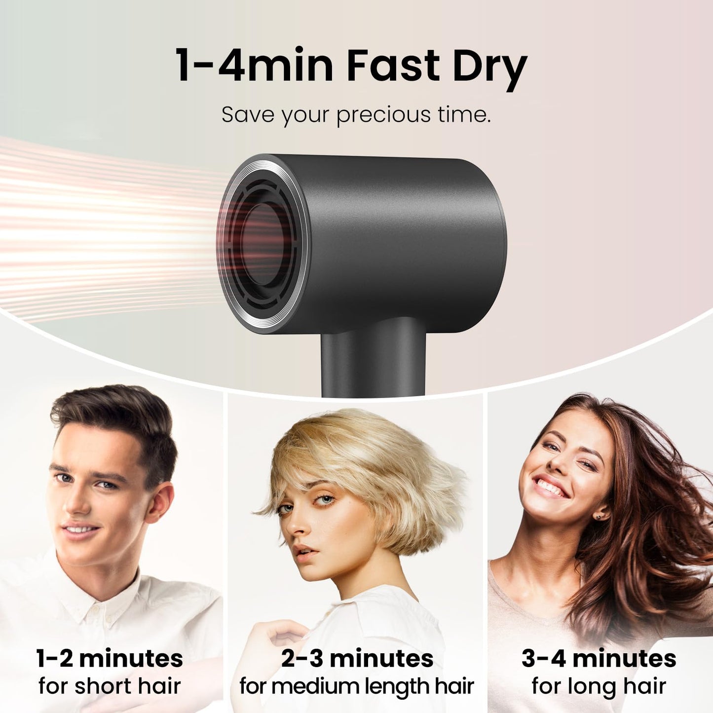 Hair Dryer with 110K RPM High Speed 1400w Motor for 1-4min Fast Dry, 49db Low Noise & 0.86lb Lightweight,2 Billion Plasma & Smart Thermo Control & Strong Magnetic Nozzle Diffuser (Darkgray)