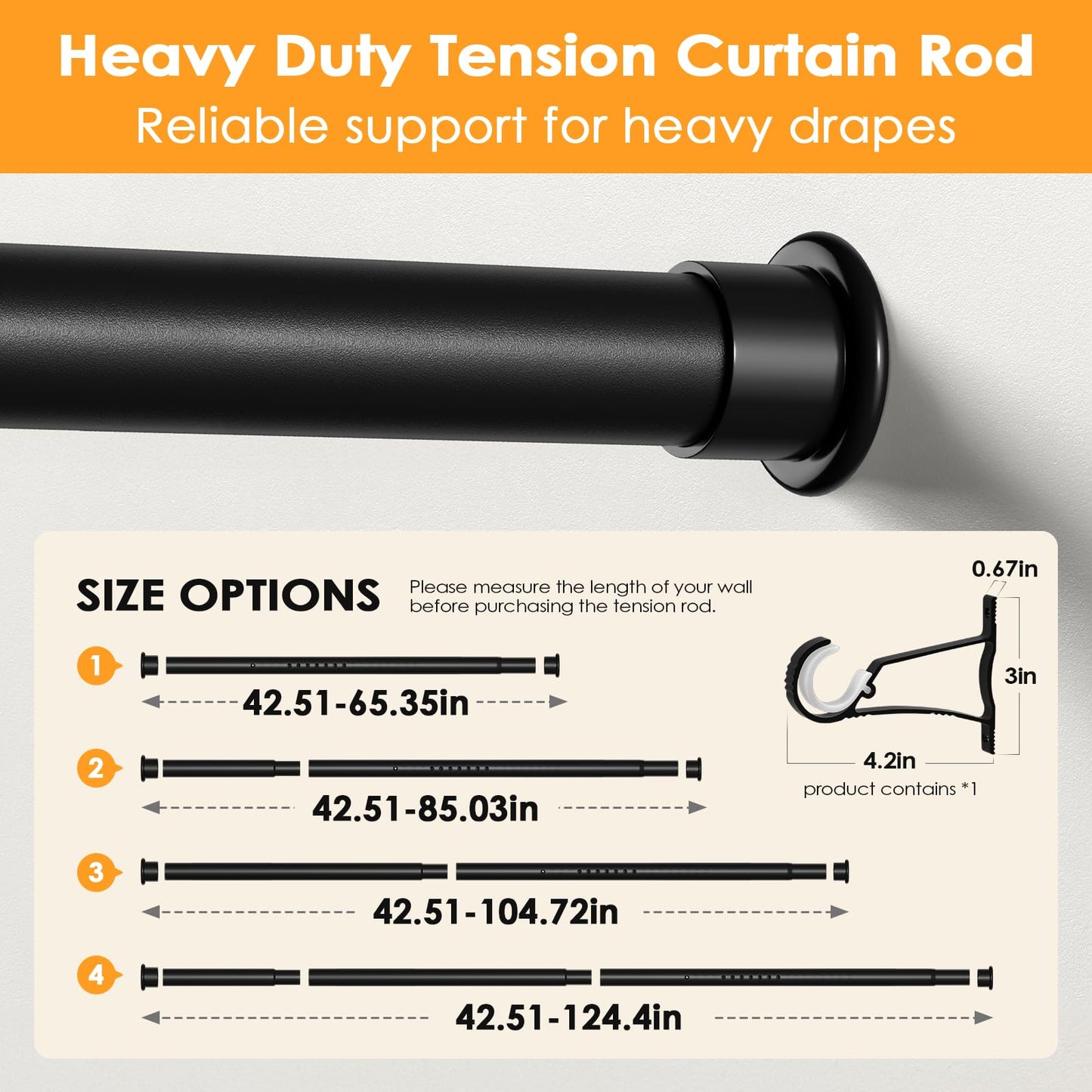 FVONZN Tension Curtain Rod 43-124 Inches Extra Long Black Heavy Duty Tension Rods Adjustable Curtain Rod No Drilling Spring Loaded Tension Rod for Windows Patio Hold Up Blackout Curtains and Non Slip