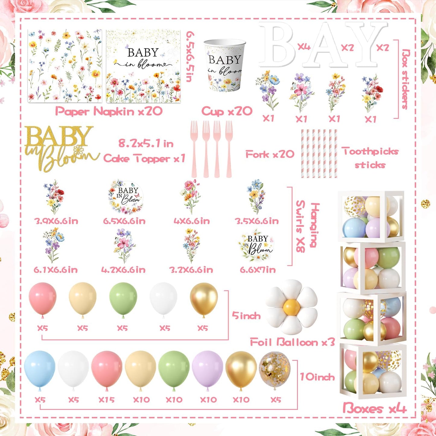 275Pcs Baby in Bloom Baby Shower Decorations for Girl Wildflower Baby in Bloom Disposable Paper Plates,Balloons Arch,Cake Topper,Backdrop,Cup,Tablecloth for Floral Baby Shower Party Decor Supplies