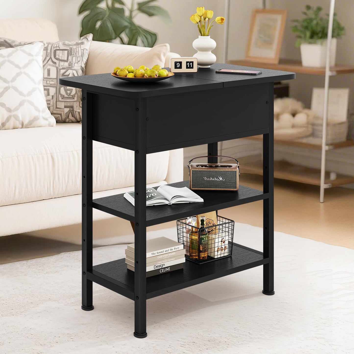 GRUSIGN End Table with Charging Station, Flip Top Side Table with USB Ports and Outlets, 3-Tier Small Side Table with Storage for Small Space, End Tables for Living Room/Bedroom, Black