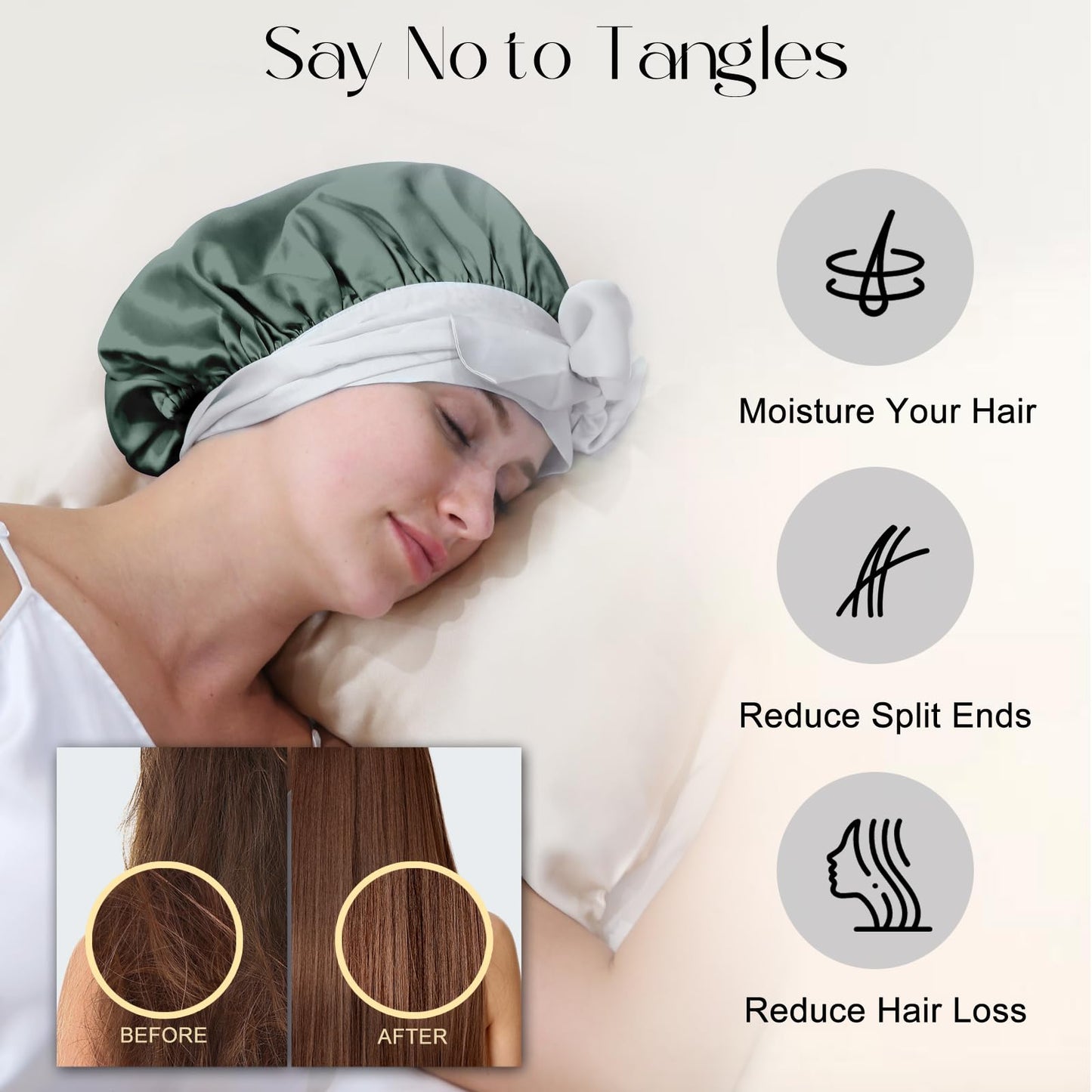 ZIMASILK 100% Mulberry Silk Bonnet for Sleeping Women Long Hair Double Layer Silk Hair Wrap with Silk Tie Band Natural Silk Cap for Hair Care Stay on Head (1Pc, Grayishgreen + Lightgrey)
