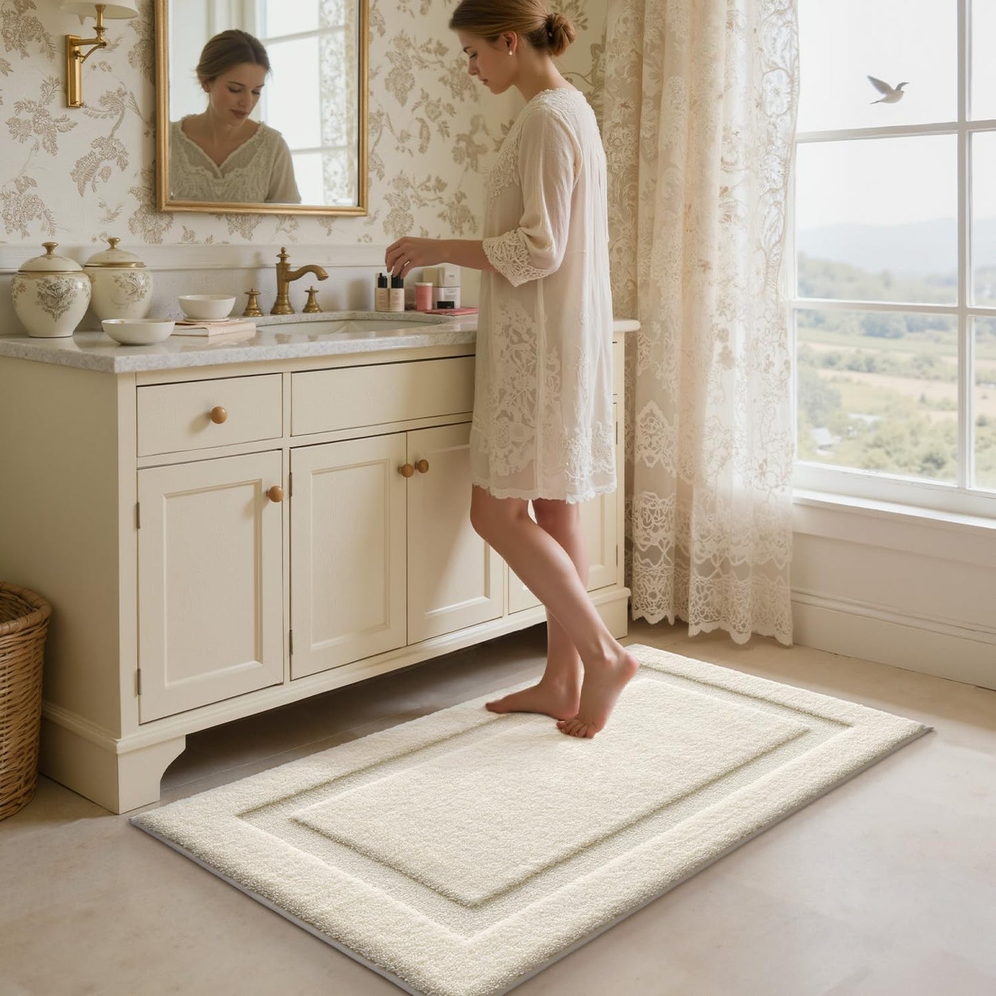 LUMI Ultra Soft Bathroom Rugs Non Slip with Rubber Backing, Absorbent Washable Bath Mat Quick Dry, Upgraded Premium Microfiber Plush Carpet for Bathtub and Shower Floor, Ivory White, 24x36