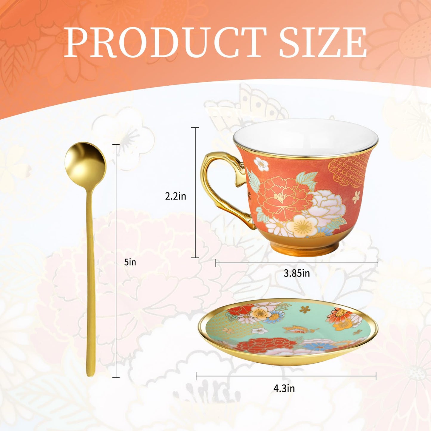 XRBEOU 8 Set Tea Cups and Saucers, 8 OZ Floral Porcelain Cup and Saucers Set for Latte Cappuccino Espresso Mocha Afternoon Tea Birthday Wedding Party Supply Christmas Gift