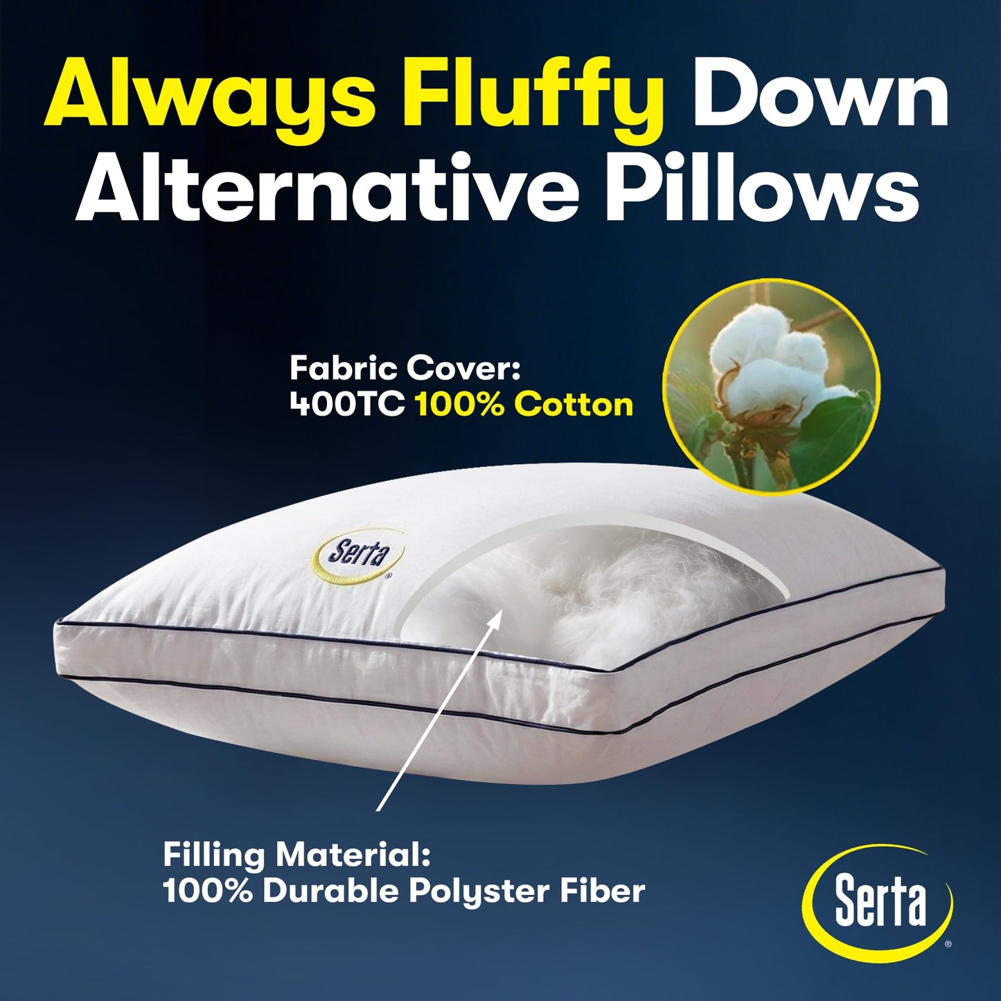 Serta Hotel Collection Bed Pillows Queen/Standard Size Set of 2, 400 Thread Count 100% Cotton Cover, Medium Soft, Support Gusseted Down Alternative Pillow for Back, Stomach or Side Sleepers, 18" x 26"