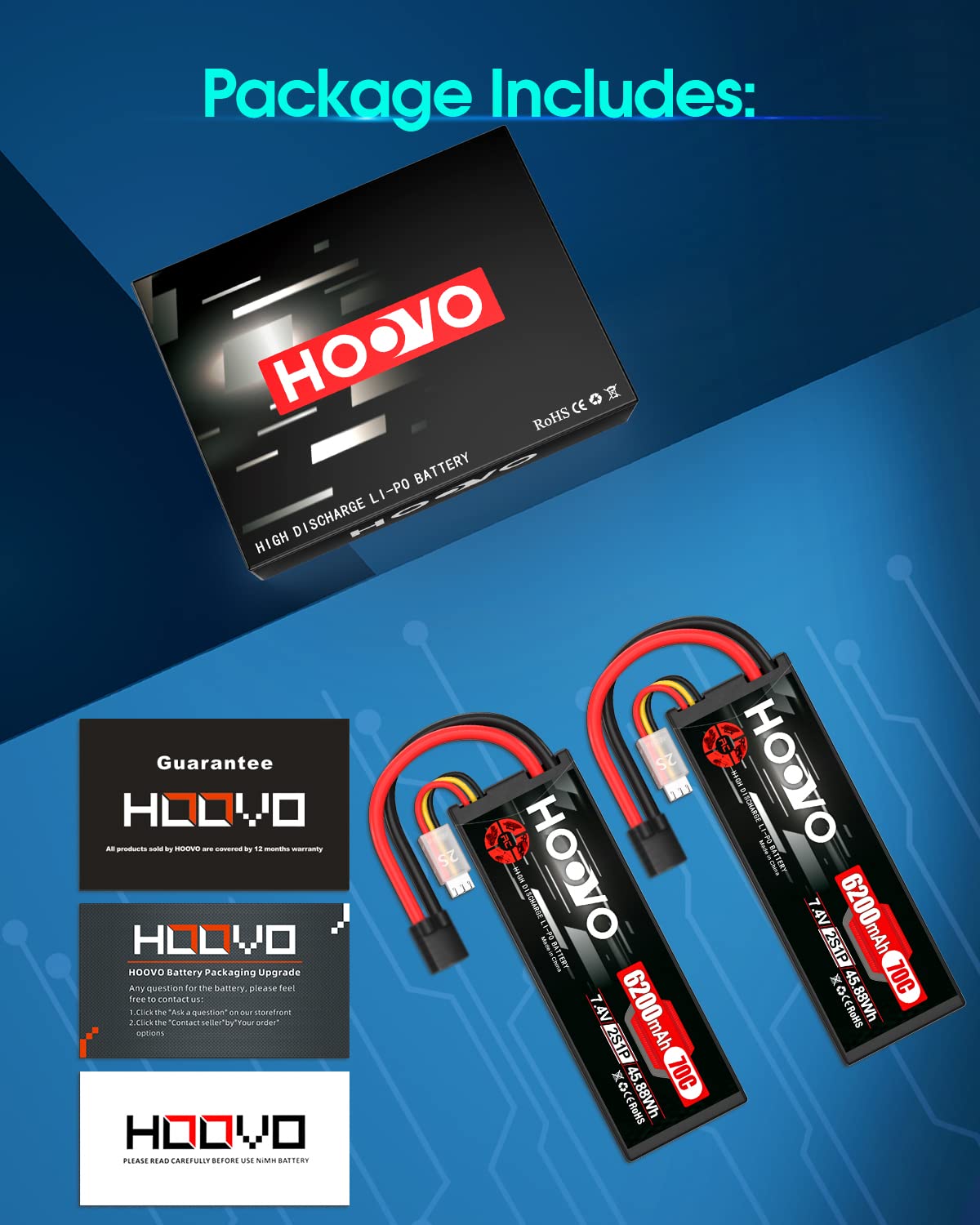 HOOVO 7.4V 70C 6200mAh 2S Lipo Battery Hard Case with Tracxas Plug for RC Car RC Helicopter RC Truck RC Truggy Airplane Quadcopter UAV Drone FPV (2 Packs
