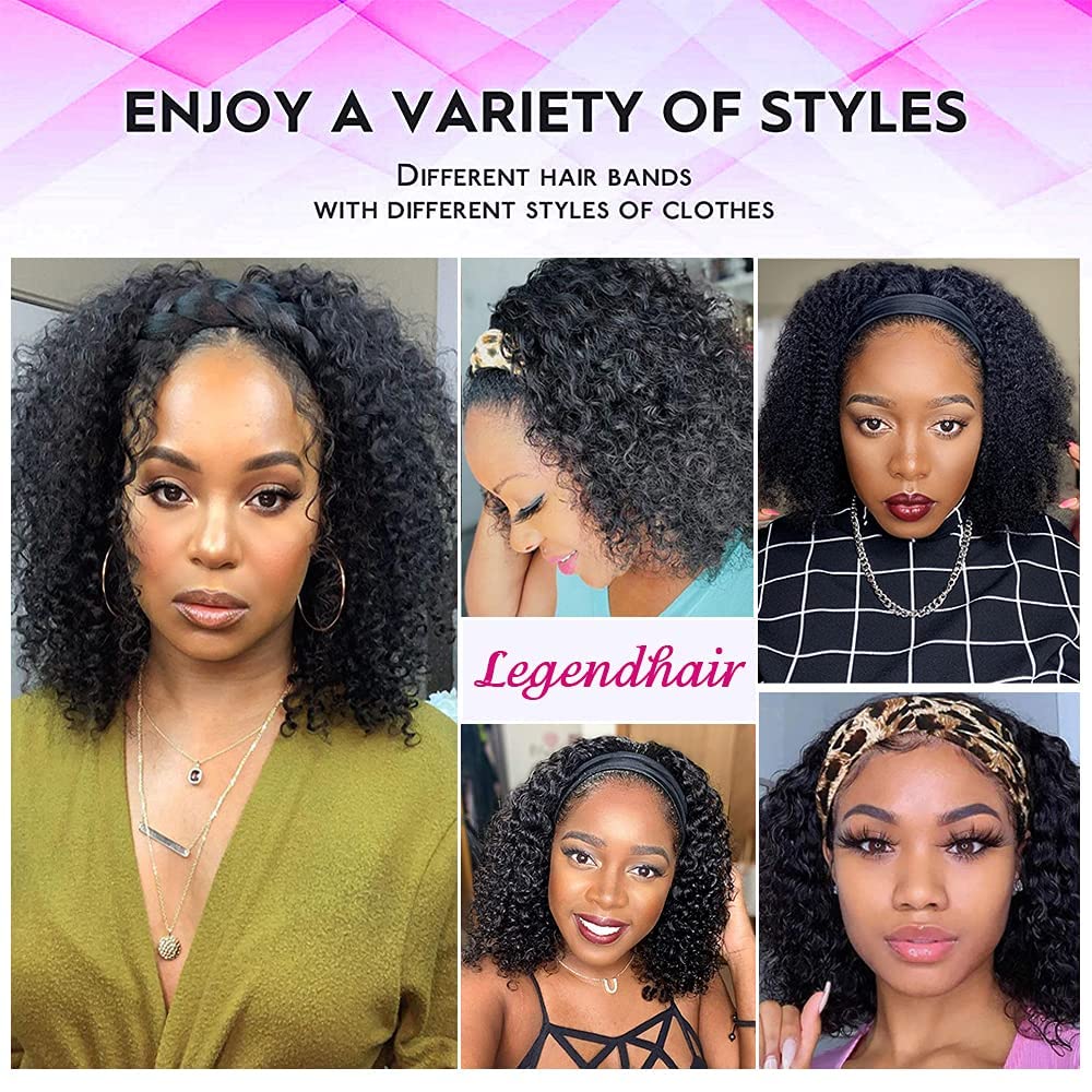 Legendhair Glueless Curly Headband Wig Human Hair Headband Wigs for Black Women Curly Wave None Lace Front Wigs with Headband Attached Machine Made Half Wigs Natural Color(14Inch)