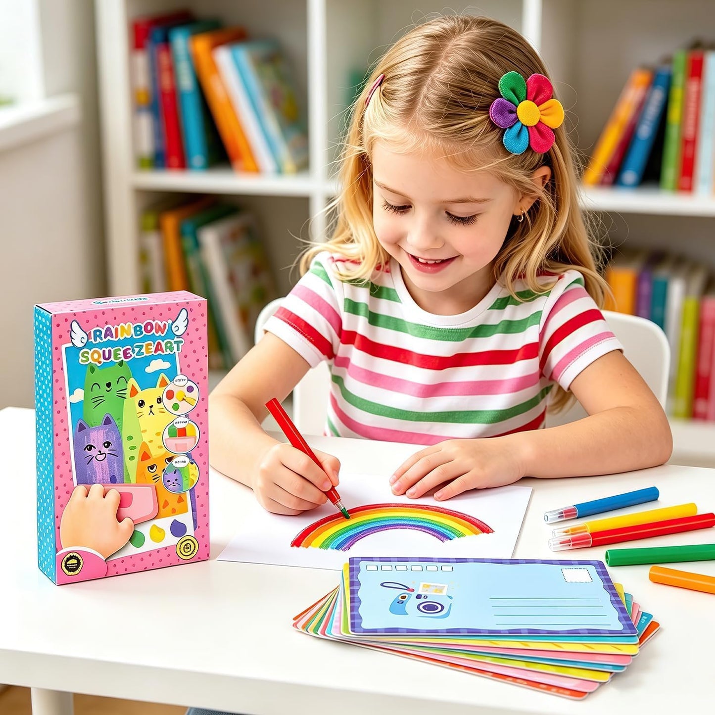 Rainbow Squeeze Art Kit, 2026 Upgrade Magic Rainbow Scratch Paper Art Set, Creative Squeegee Painting Kit DIY Postcards Scratch for Birthday Party Favors (Pink+Blue)