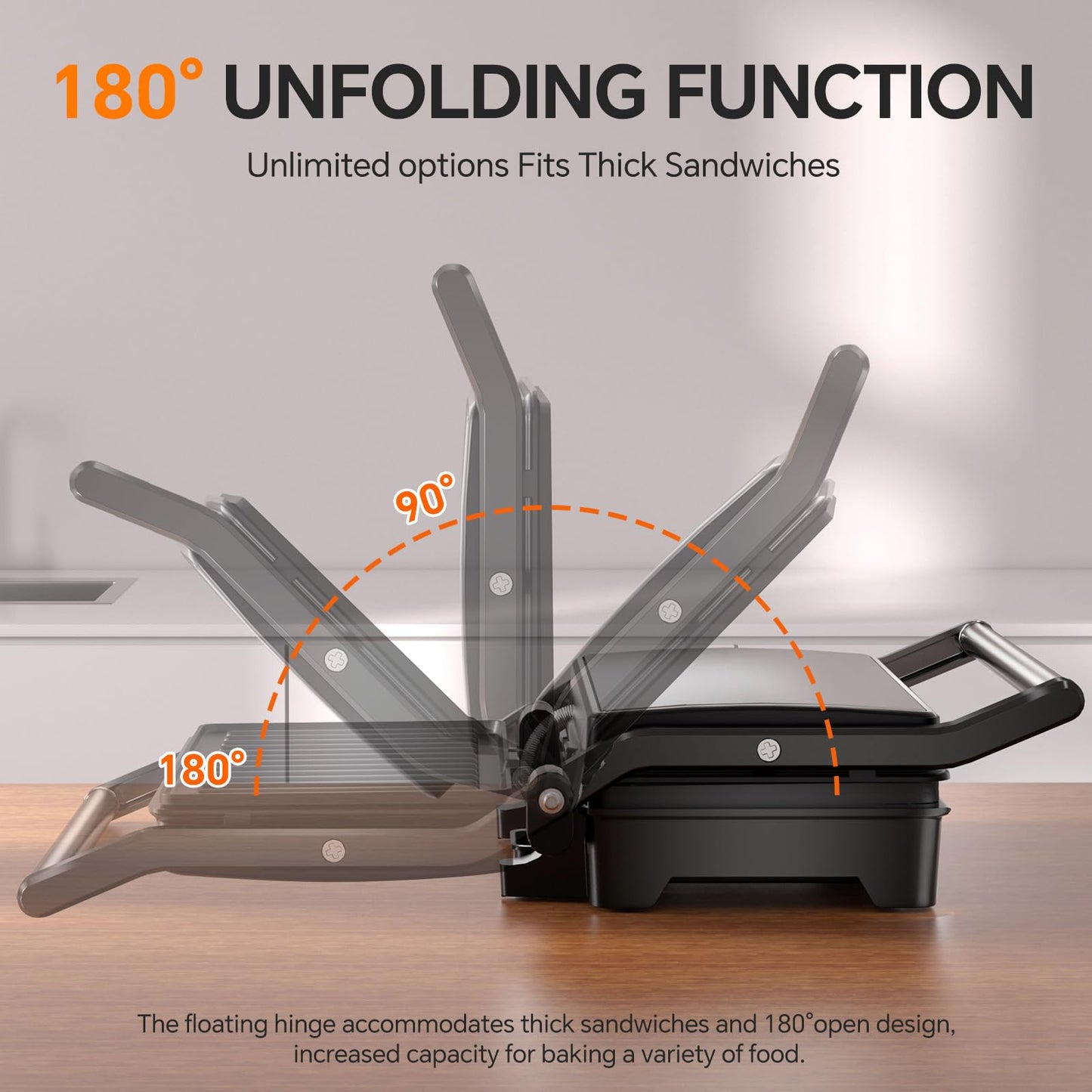 Panini Press Grill, 1000W Sandwich Maker with Non-Stick Coated Plates, Opens 180 Degrees for Any Size of Food, 3-in-1 Sandwich Press Electric Grill, Stainless Steel Surface and Removable Drip Tray
