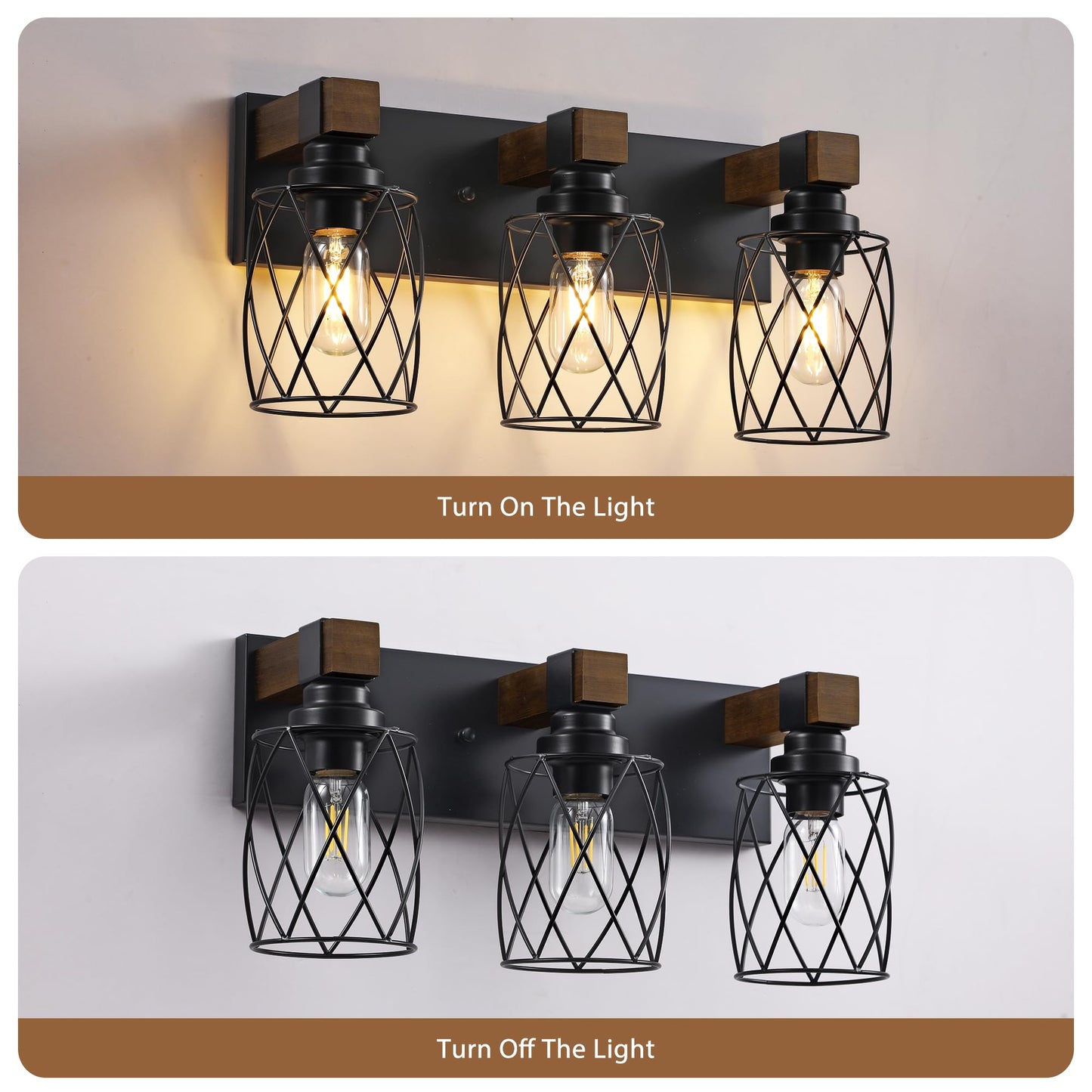 XvmBvm Farmhouse Bathroom Vanity Light, 3-Light Wood Bathroom Light Fixtures Over Mirror, Black Industrial Vanity Lights with Metal Shade, Rustic Bathrooms Lighting for Living Room, Bedroom, Hallway