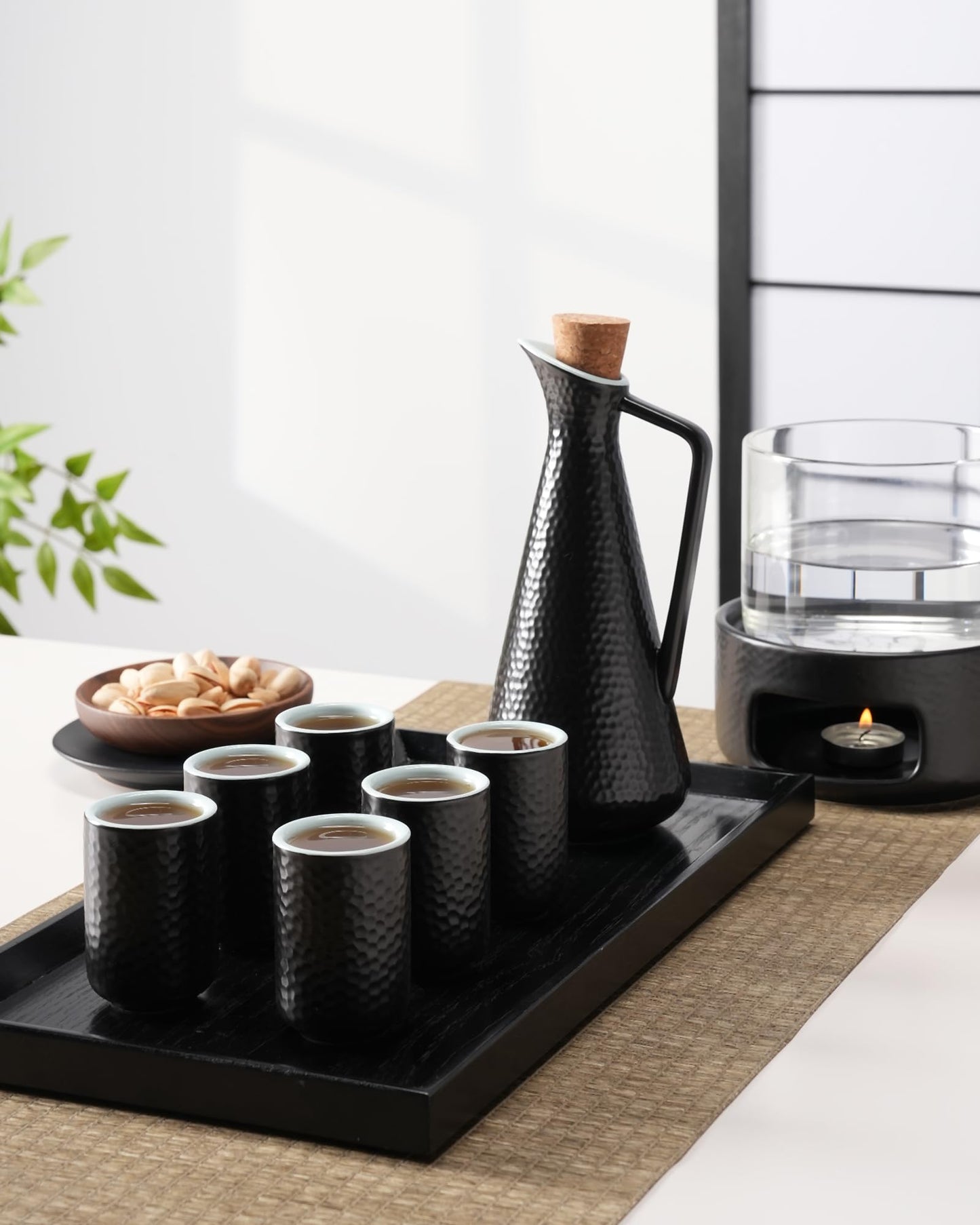 ZENS Sake Set with Warmer, 12 Ounce Embossed Ceramic Sake Bottle 6 Sake Cups and Glass Pot for Hot or Cold Japanese Sake, Black Sake Carafe Gift Sets with Cotton Towel