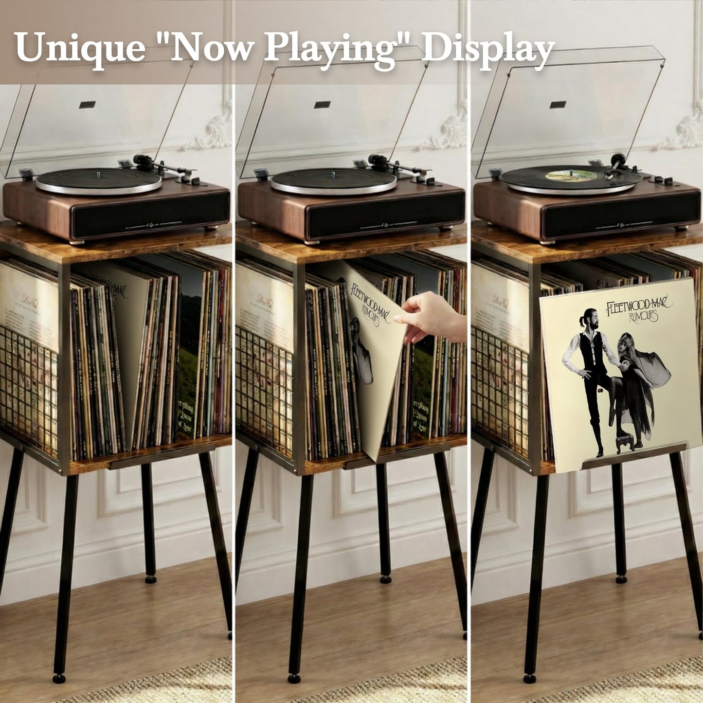 Faesun Record Player Stand with Storage Holds 100+ Vinyl Records, Industrial Turntable Stand with Storage Shelf, LP Album Organizer Cabinet for Small Spaces,Rustic End Table