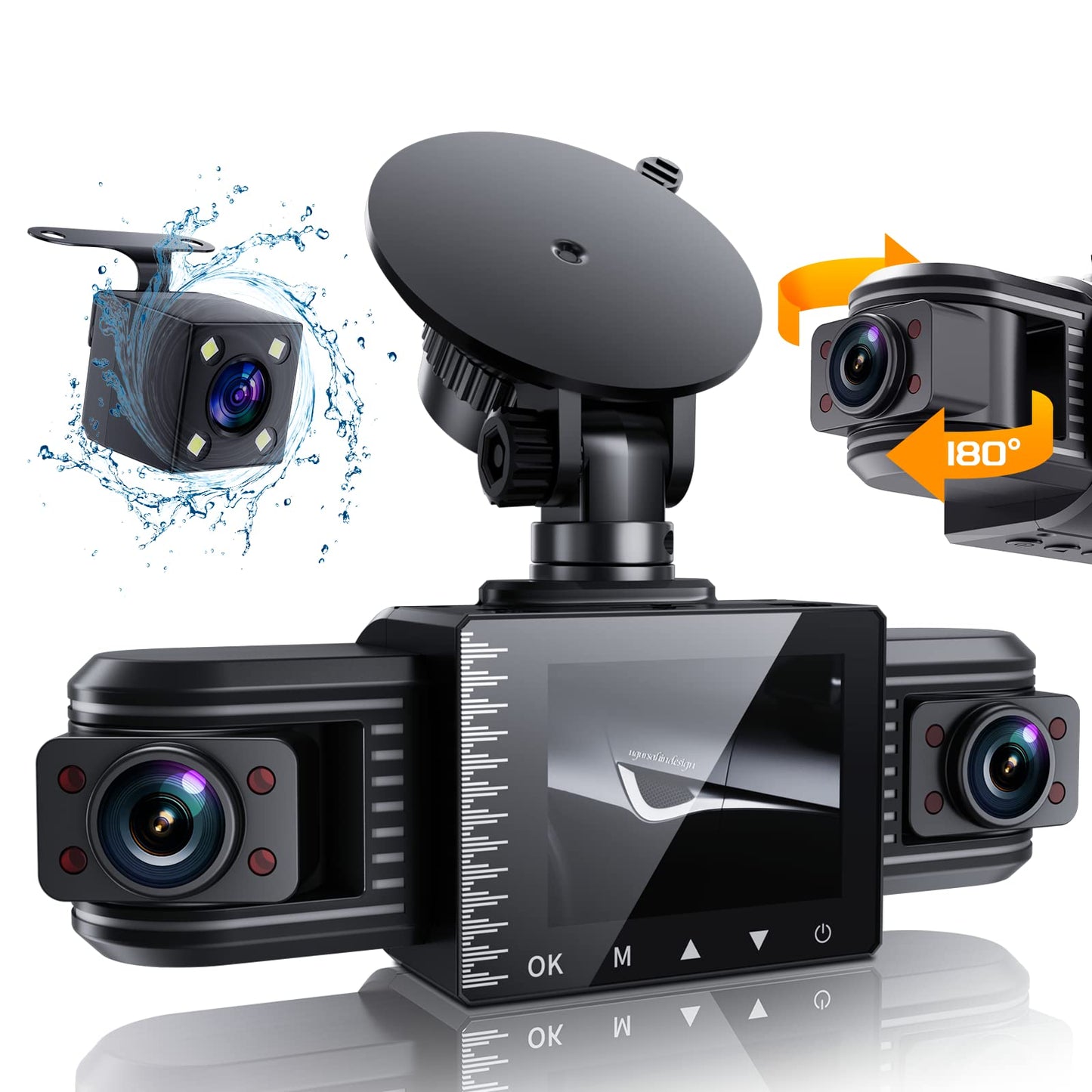 iiwey T1-pro Dash Cam Front and Rear Inside 3 Channel 1080P, Adjustable Lens Dash Camera for Cars with 8 IR Lamps Night Vision, Three Ways Triple Car Camera, Loop Recording, G-sensor, Parking Monitor