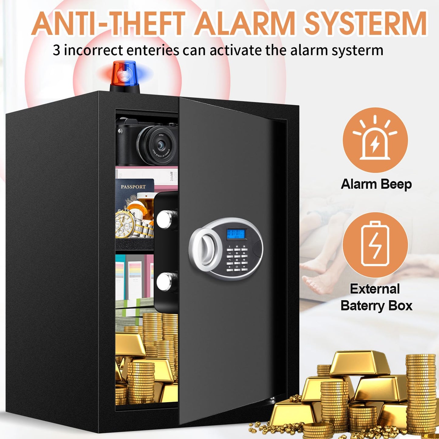 3.0 Cubic Feet Home Safe Fireproof Waterproof, Digital Home Security Safe Box with Programmable Keypad and Spare Keys, Document Safe for Money Firearms Medicine Valuables