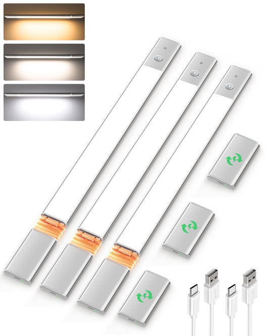 EZVALO Under Cabinet Lighting, Motion Sensor Closet Lights with 3 Extra Batteries, 76 LEDs Dimmable Eye-Caring Rechargeable LED Lights, 3 Color Temps, Under Counter Lights for Kitchen, Wardrobe