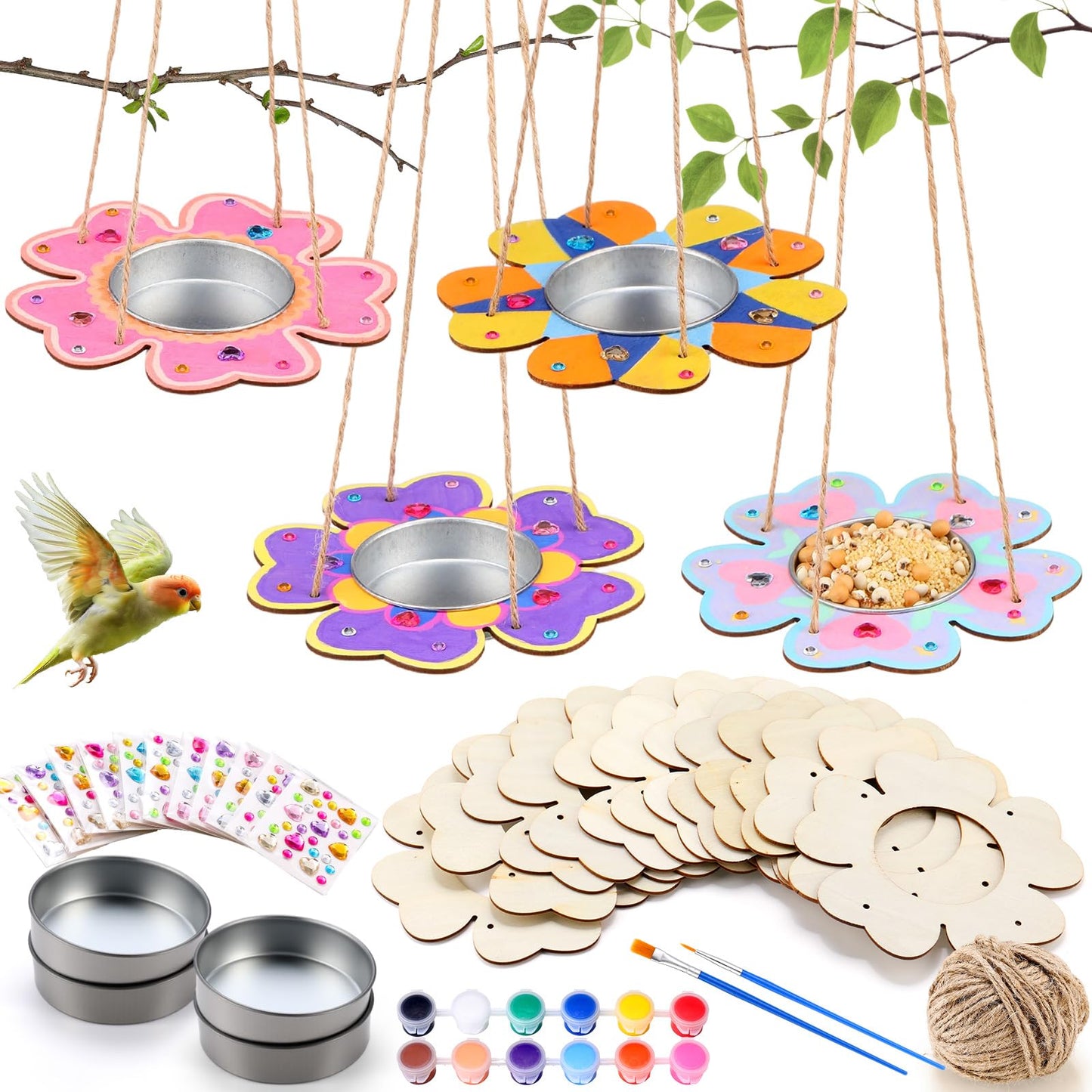 CroBlissful 12 Pack Bird Feeder Craft Kits for Kids DIY Your Own Bird Feeders with Paint and Paintbrushes Wooden Arts and Crafts for Kid Ornaments to Paint Feeders Craft for Garden (Petal Shaped)