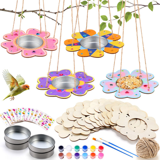 CroBlissful 12 Pack Bird Feeder Craft Kits for Kids DIY Your Own Bird Feeders with Paint and Paintbrushes Wooden Arts and Crafts for Kid Ornaments to Paint Feeders Craft for Garden (Petal Shaped)