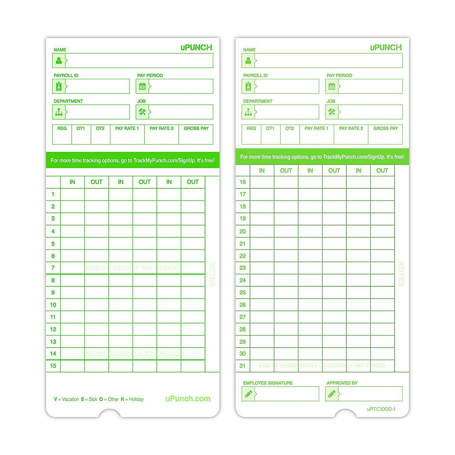 uPunch 300 Time Cards for Green HN3000 AutoAlign Time Clocks (HNTCG1300)