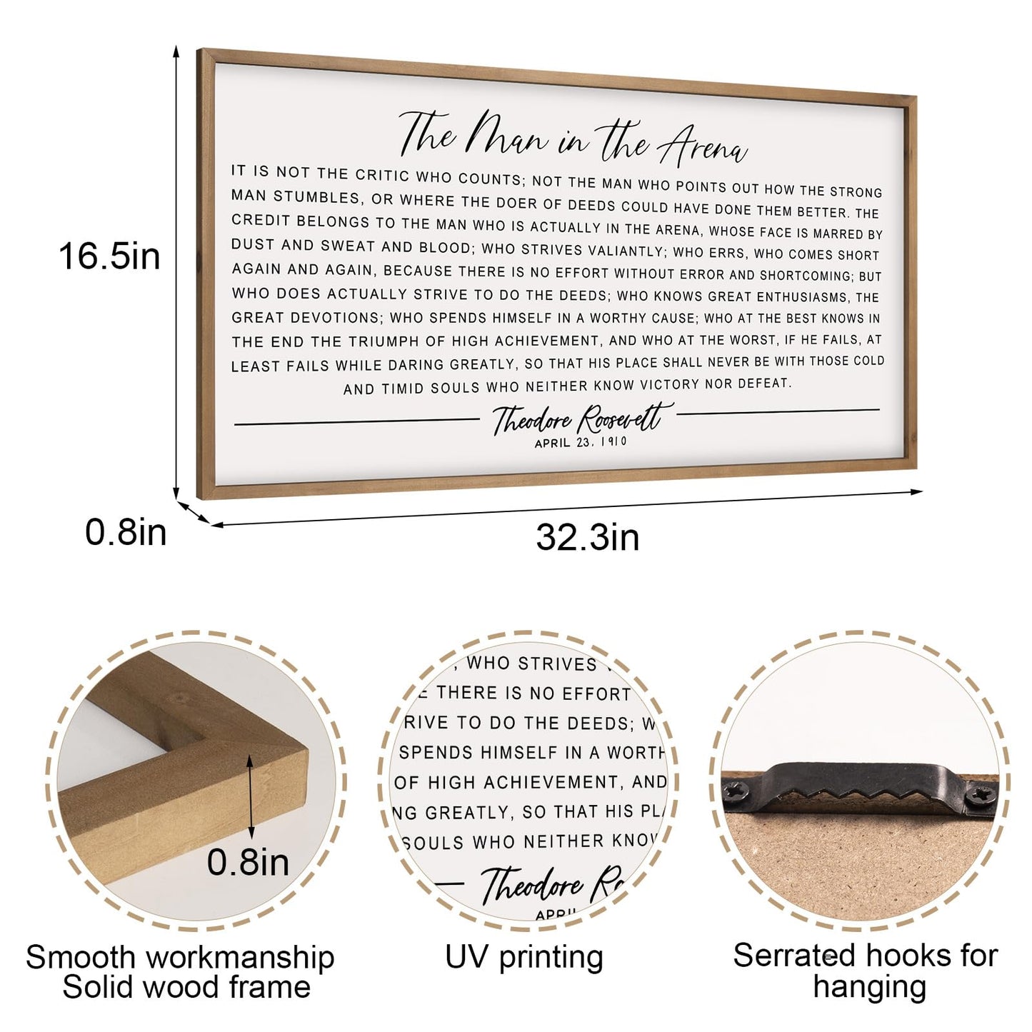 flangairy The Man In The Arena Wall Art Framed 32.3x16.5inch, Wood Motivational Wall Art for Men, Inspirational Office Decor