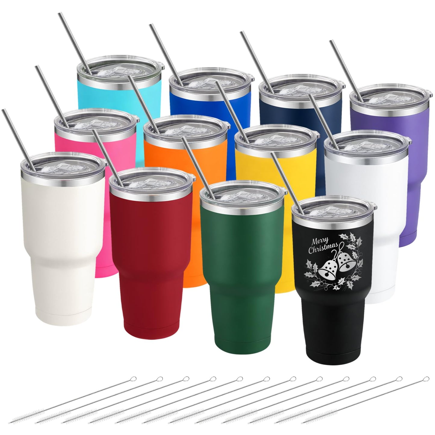 YOUKE OLA 12 Pack Insulated Tumbler 30oz Powder Coated Stainless Steel Double Wall Vacuum Travel Coffee Tumbler Cup with Lid and Straw for DIY Gift (Mixed Colors)