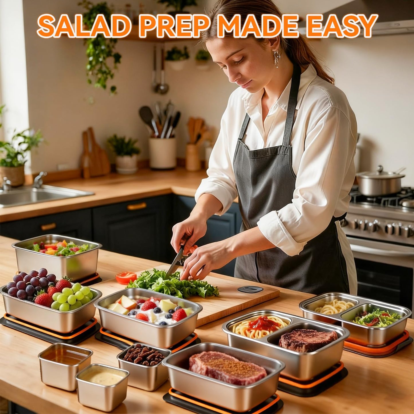 YUANYE 9 Pack 50/34/27/6oz Stainless Steel Salad Bowls with Lids & Dressing Cups, Leakproof Salad Containers Airtight Lunch Box, Small Snack Containers Oven/Dishwsher Safe for Meal Prep & Lunch To Go